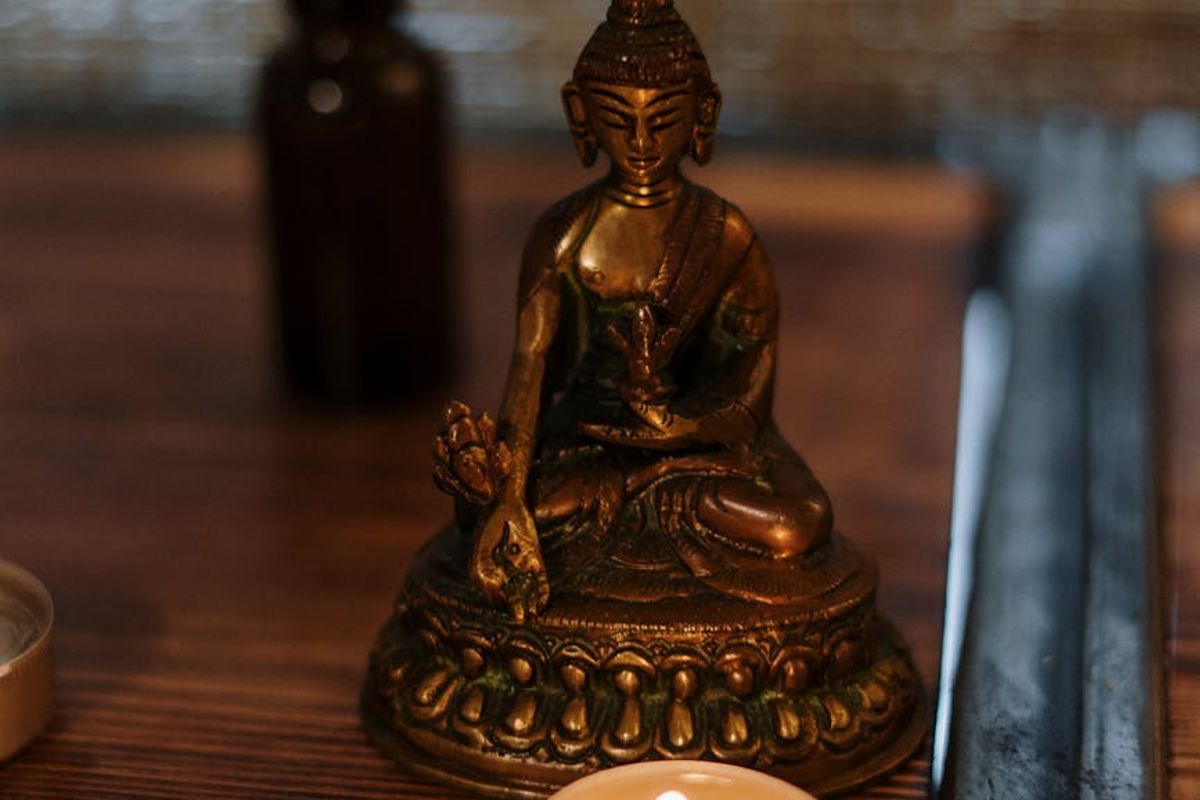 Wide shot of a peaceful meditation room with natural light.